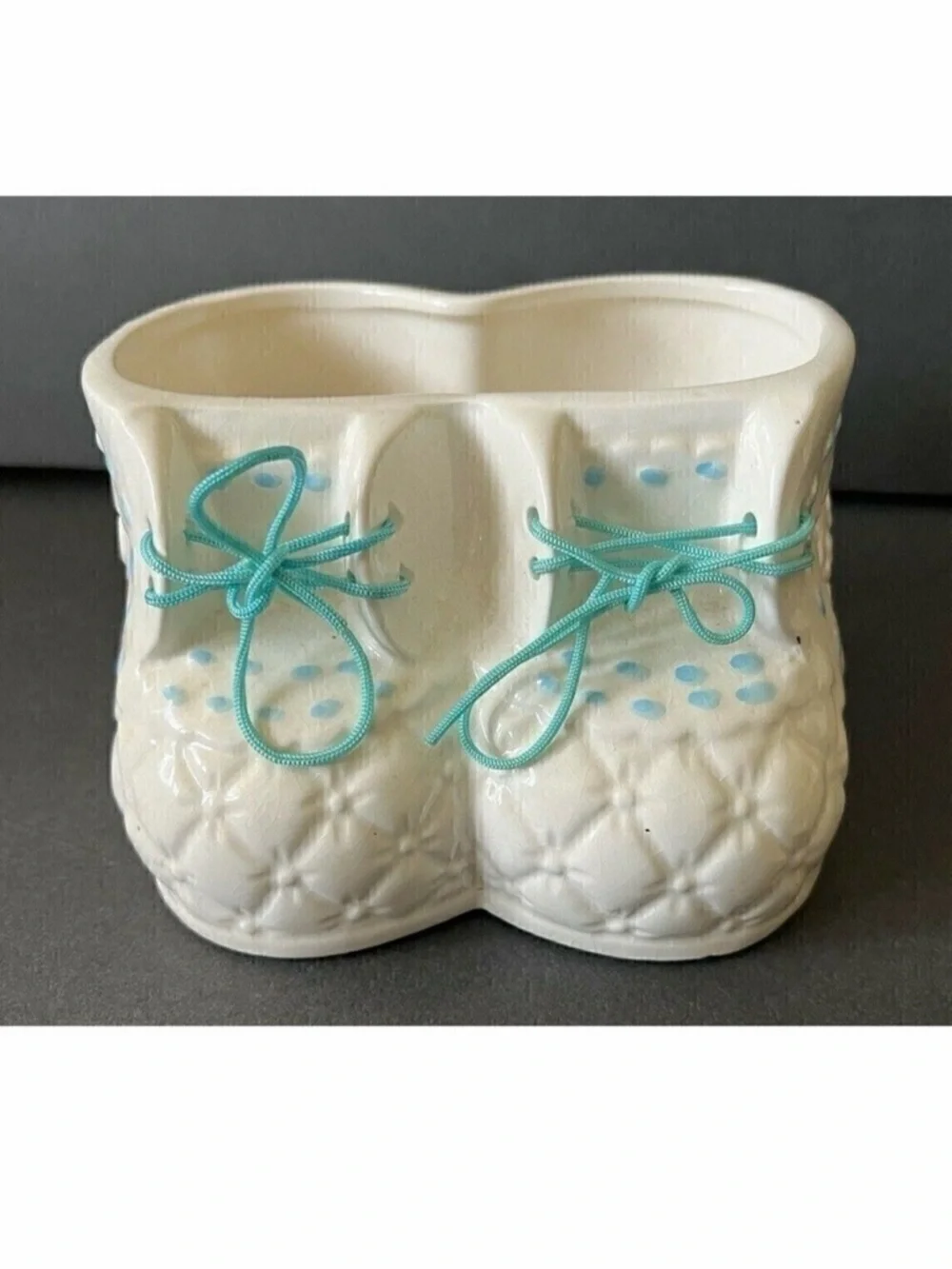 Baby Boy Booties Ceramic Planter Vase Shoelaces Retro Quilted Vintage Retro
